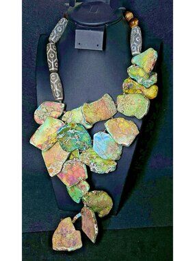 Vintage Turquoise Slab dZi Agate Necklace Chunky Colorful 18" Southwest